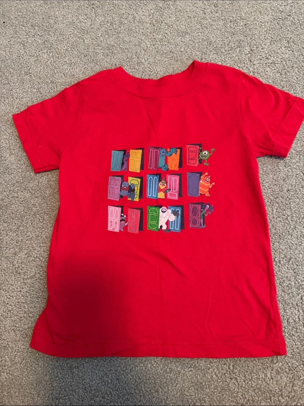 Kids' Red Short-Sleeve Graphic Tee with Colorful Doors